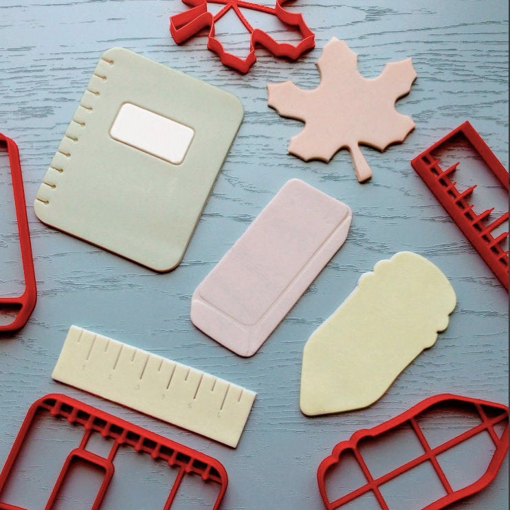 SCHOOL THEME COOKIE CUTTER SET - NOTEBOOK, PENCIL, RULER, ERASER, MAPLE LEAF - Shapem